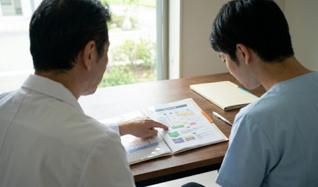 教育体制について先輩歯科医師から説明を受ける若い歯科医師の様子