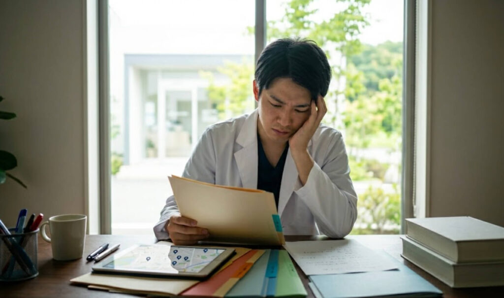 多くの選択肢と研修先選びに悩み、頭を抱える若い男性歯科医師の様子