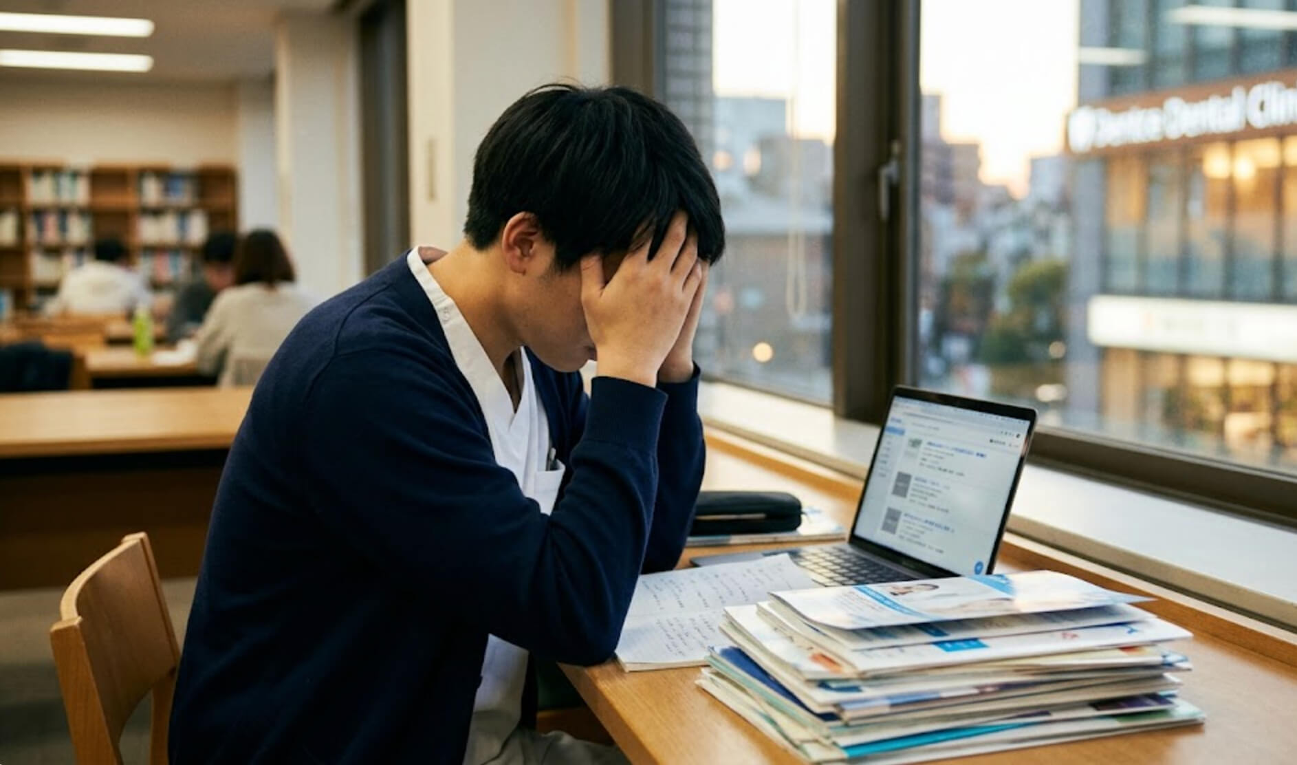 夕暮れの図書館で、多くの求人資料を前に将来のキャリアについて悩む日本人の歯科医師就活生の様子