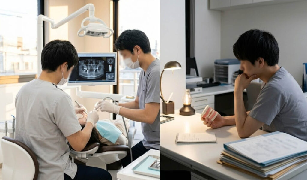 中央で分割された診療室で、数年後、自信を持って複雑な治療を行う歯科医師（左）と、変わらず一人で悩み続ける歯科医師（右）の対比の様子