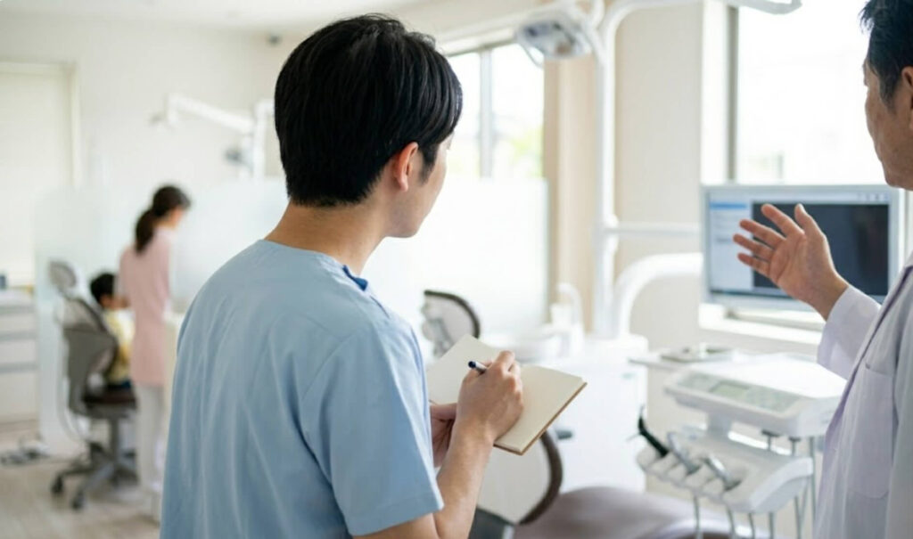 歯科医院で、ベテラン医師の手振りを交えた説明をメモを取って聞く若手医師の様子