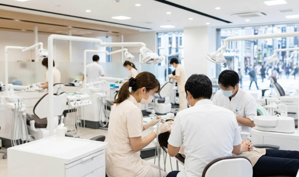 天井が高く、多くの診療ユニットが並ぶ大規模歯科医院で、効率的に働く日本人の歯科医師と歯科衛生士のチームの様子