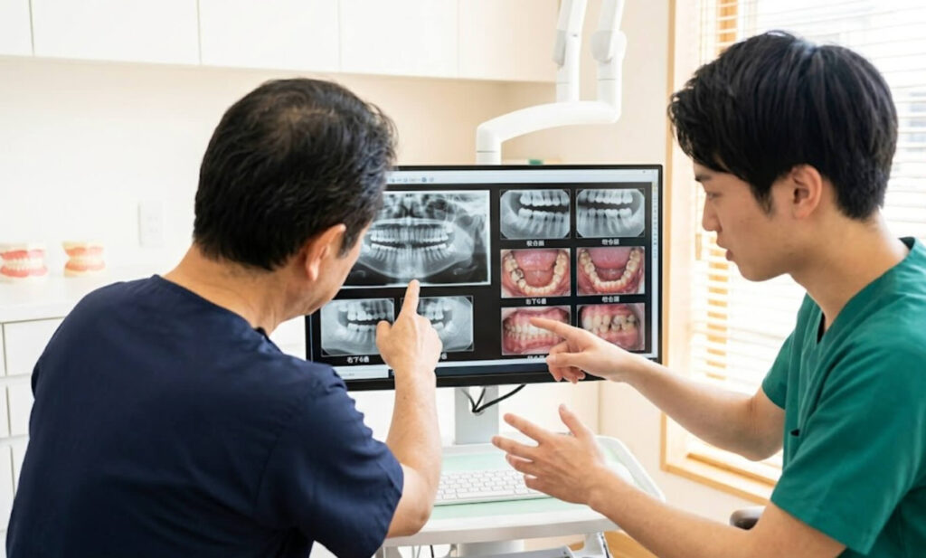 清潔感のある診察室で、レントゲン写真を見ながら熱心に話し合うベテランと若手の日本人歯科医師の様子