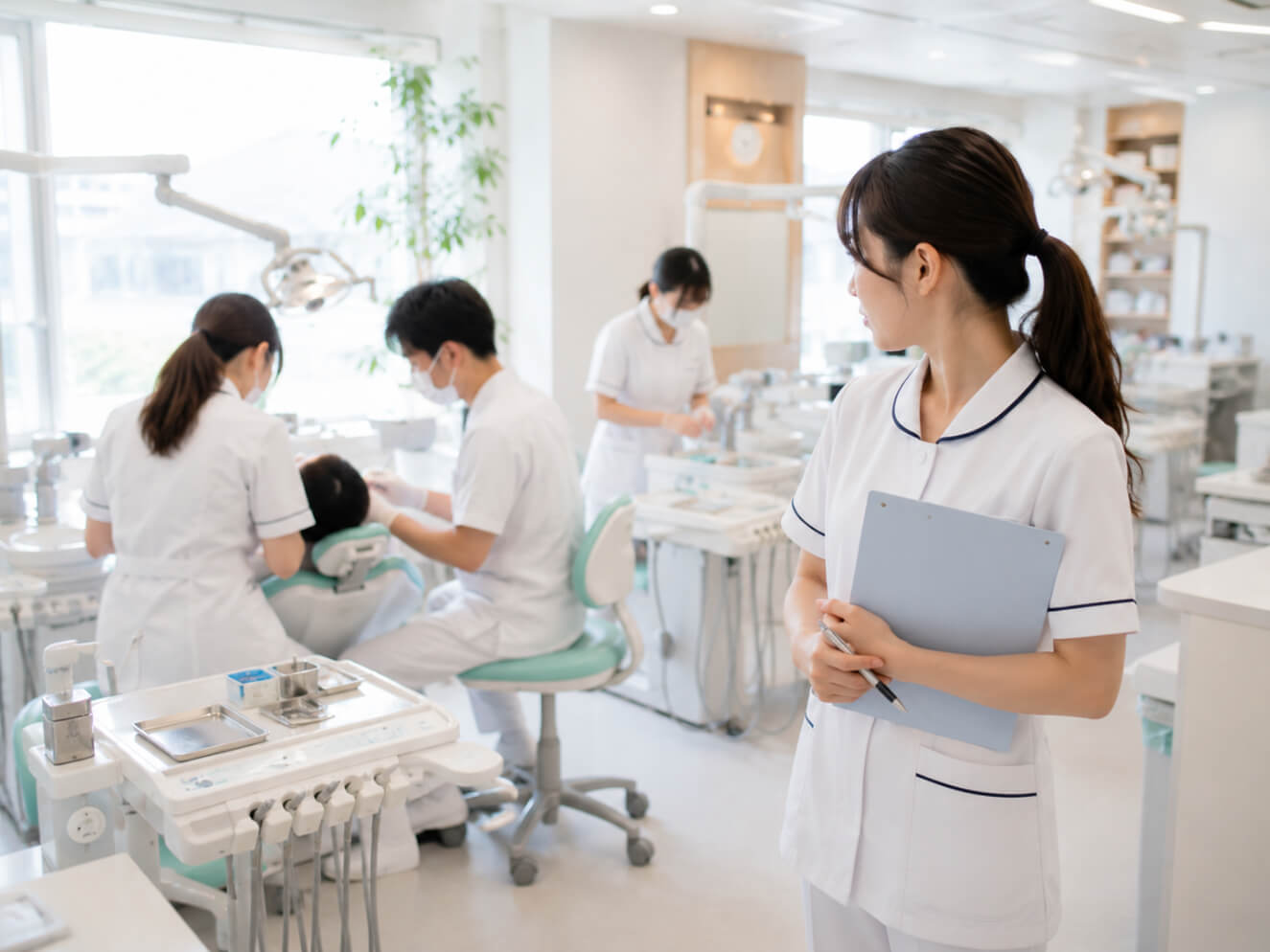 忙しい診療室で動き方に迷う新人歯科衛生士の様子