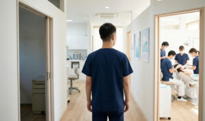 歯科医院の廊下で、暗い空の部屋と、明るく活気のある処置室の間に立つ、紺色スクラブの男性の後ろ姿の様子