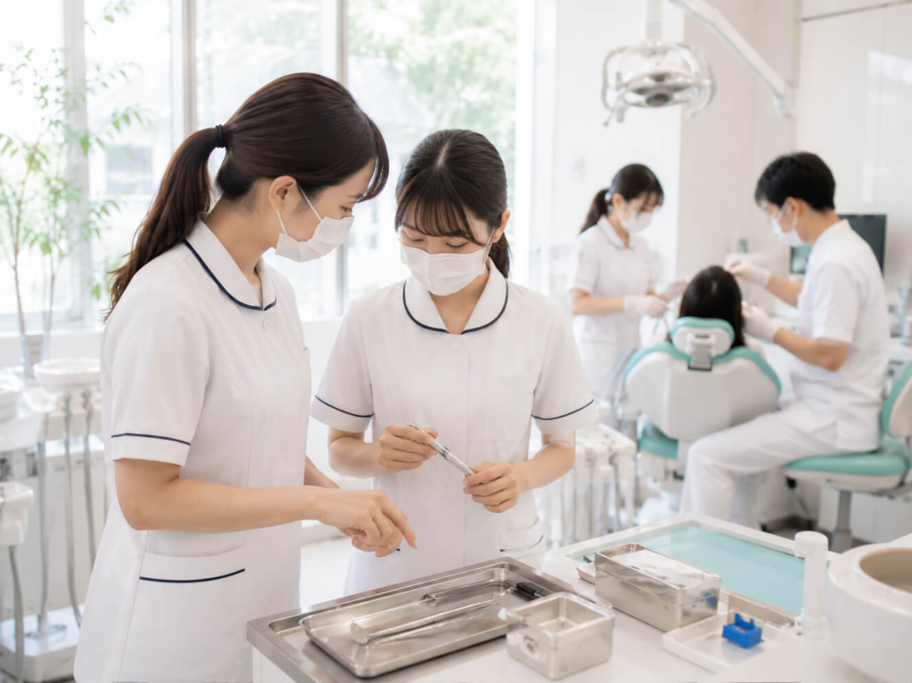 先輩から器具の扱いを教わる新人歯科衛生士の様子
