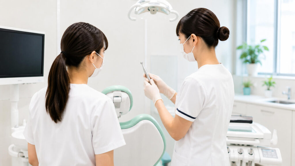 先輩から指導を受ける新人歯科衛生士の様子