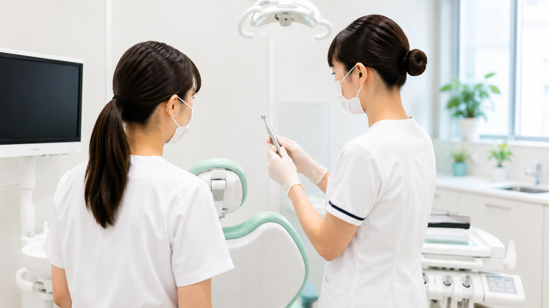 先輩から指導を受ける新人歯科衛生士の様子