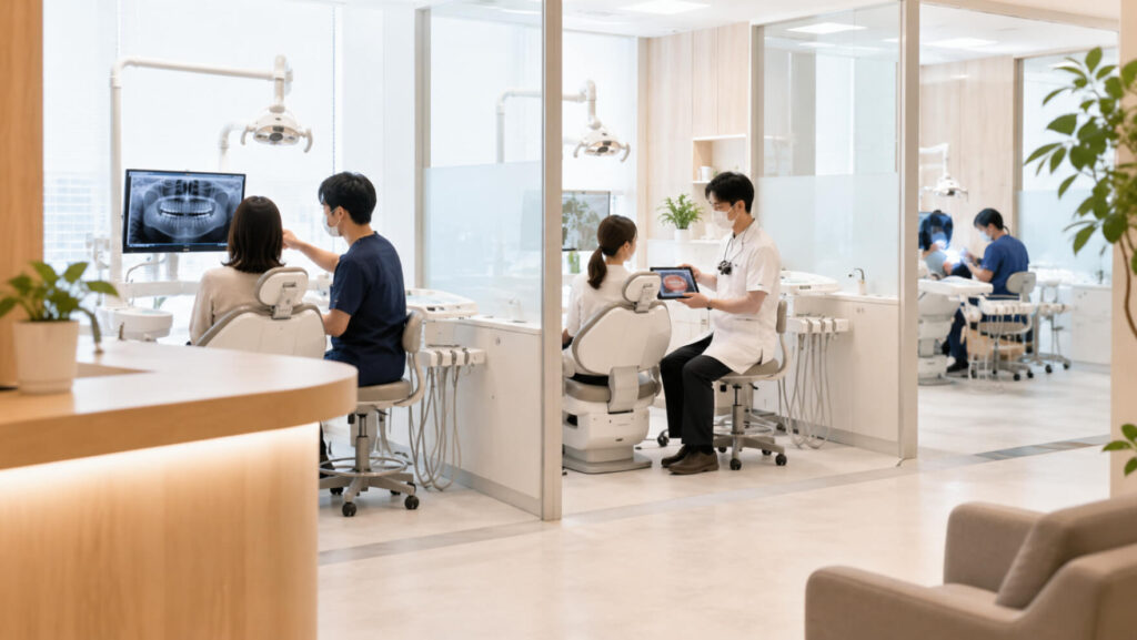 複数の専門歯科医師がそれぞれの診療ユニットで患者対応を行う歯科医院の様子