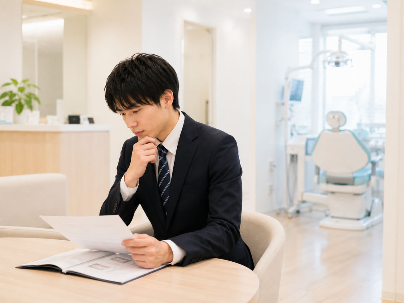 歯科医院見学後に自分に合う職場か考える学生の様子